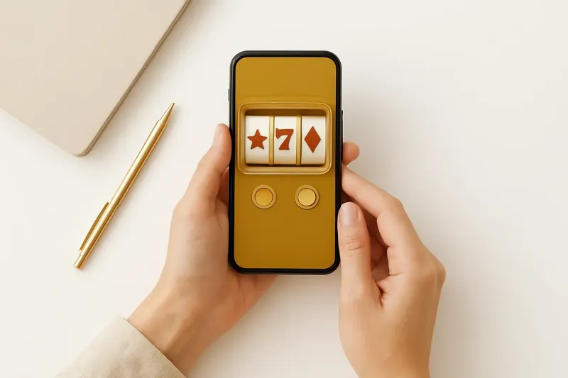 Hands holding phone with casino app above white desk