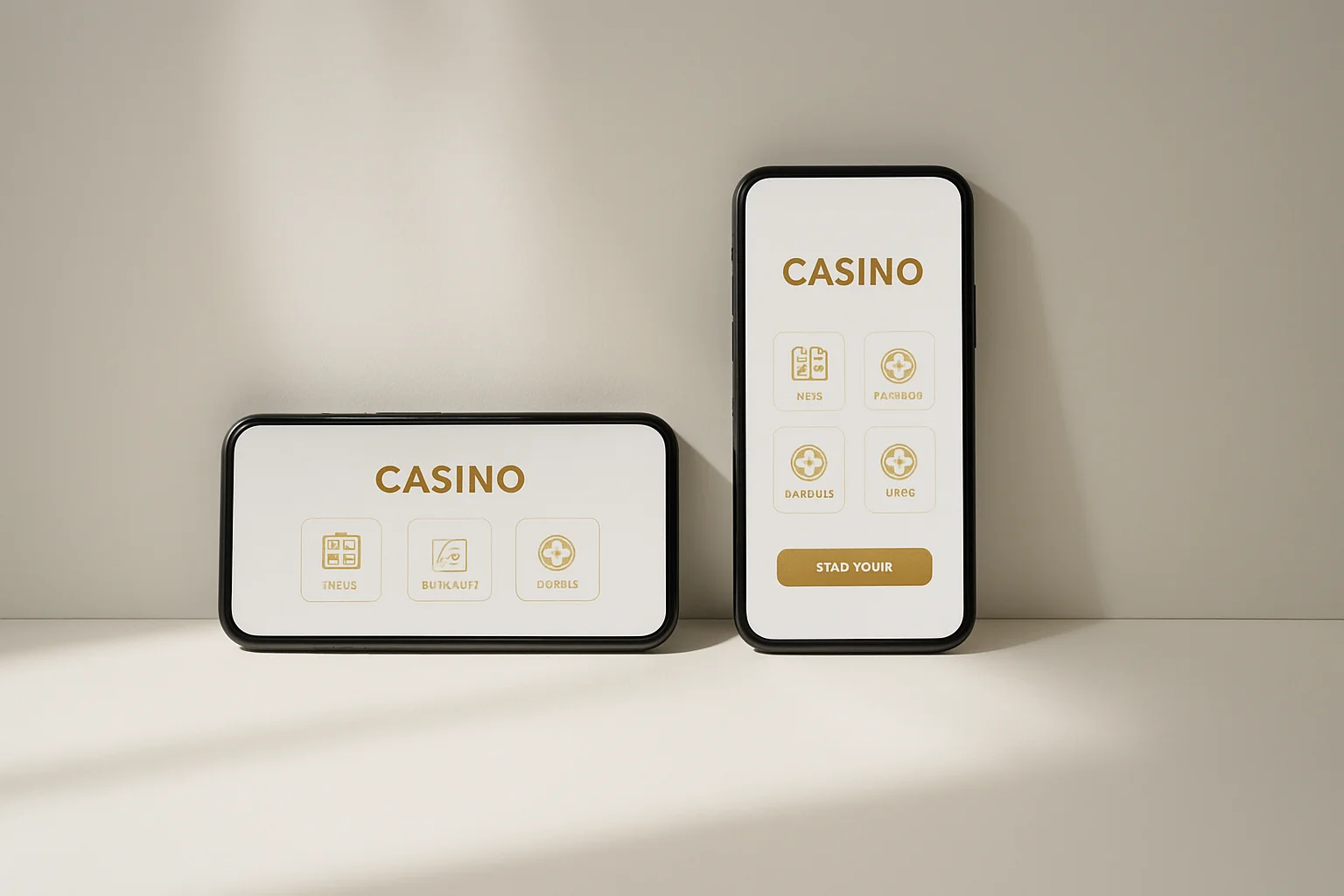 Two smartphones displaying a clean light casino app on white surface