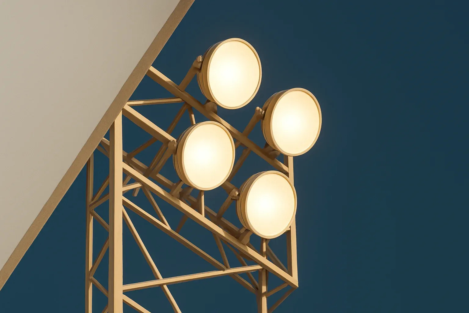 Looking up at four bright stadium floodlights through metal structure