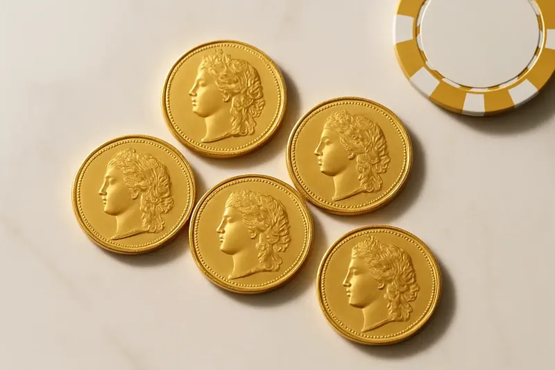 Five gold coins on cream marble with poker chip edge