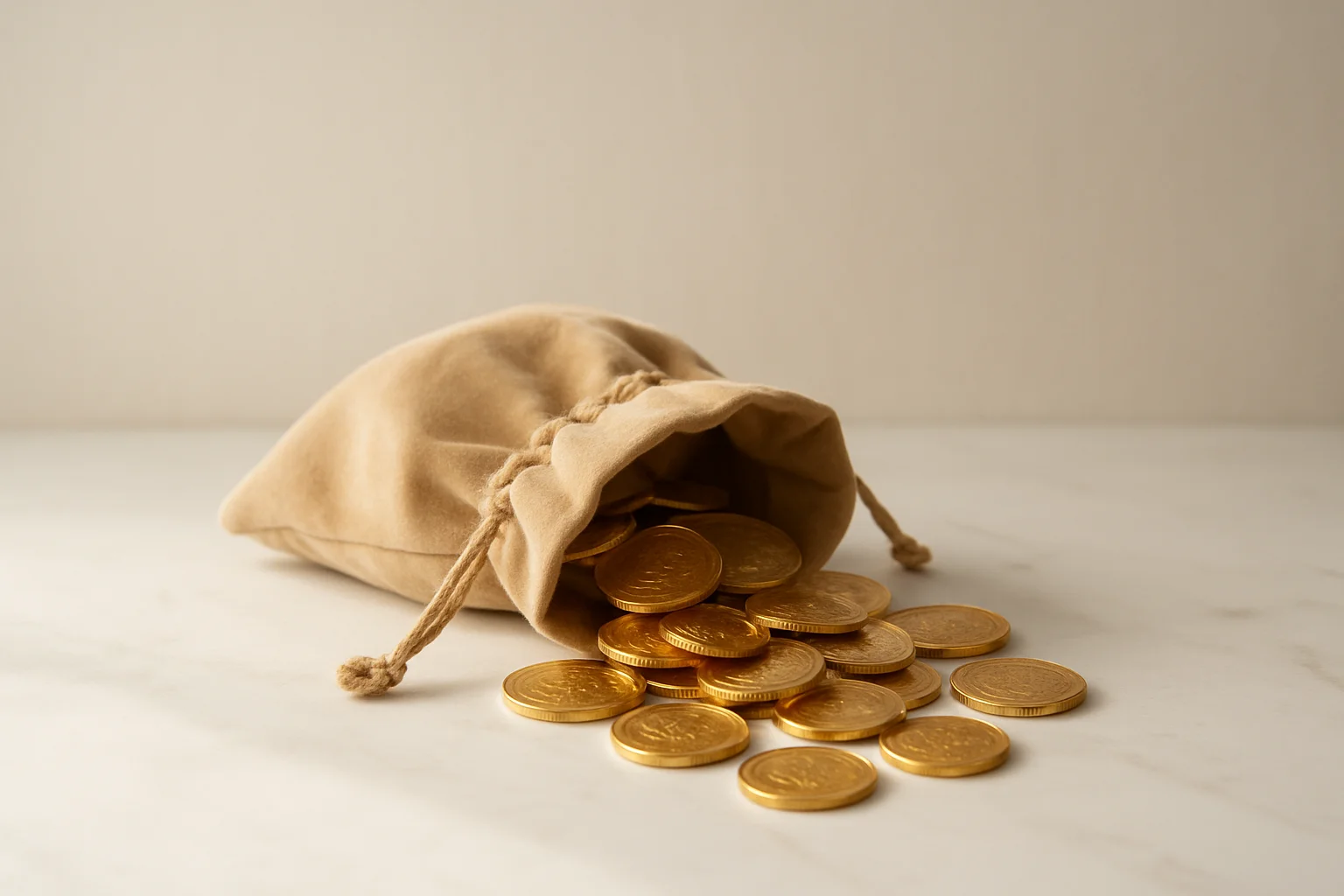 Golden coins spilling from velvet pouch on white marble surface