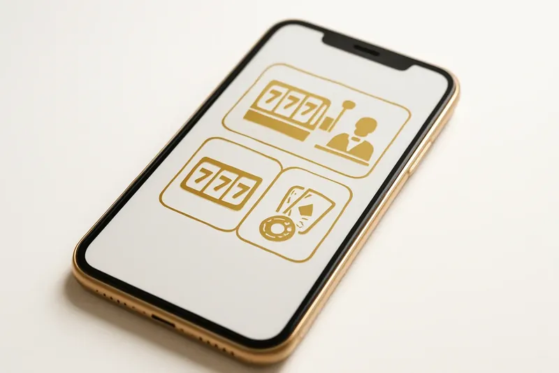 Mobile phone showing casino app with slots and live casino games