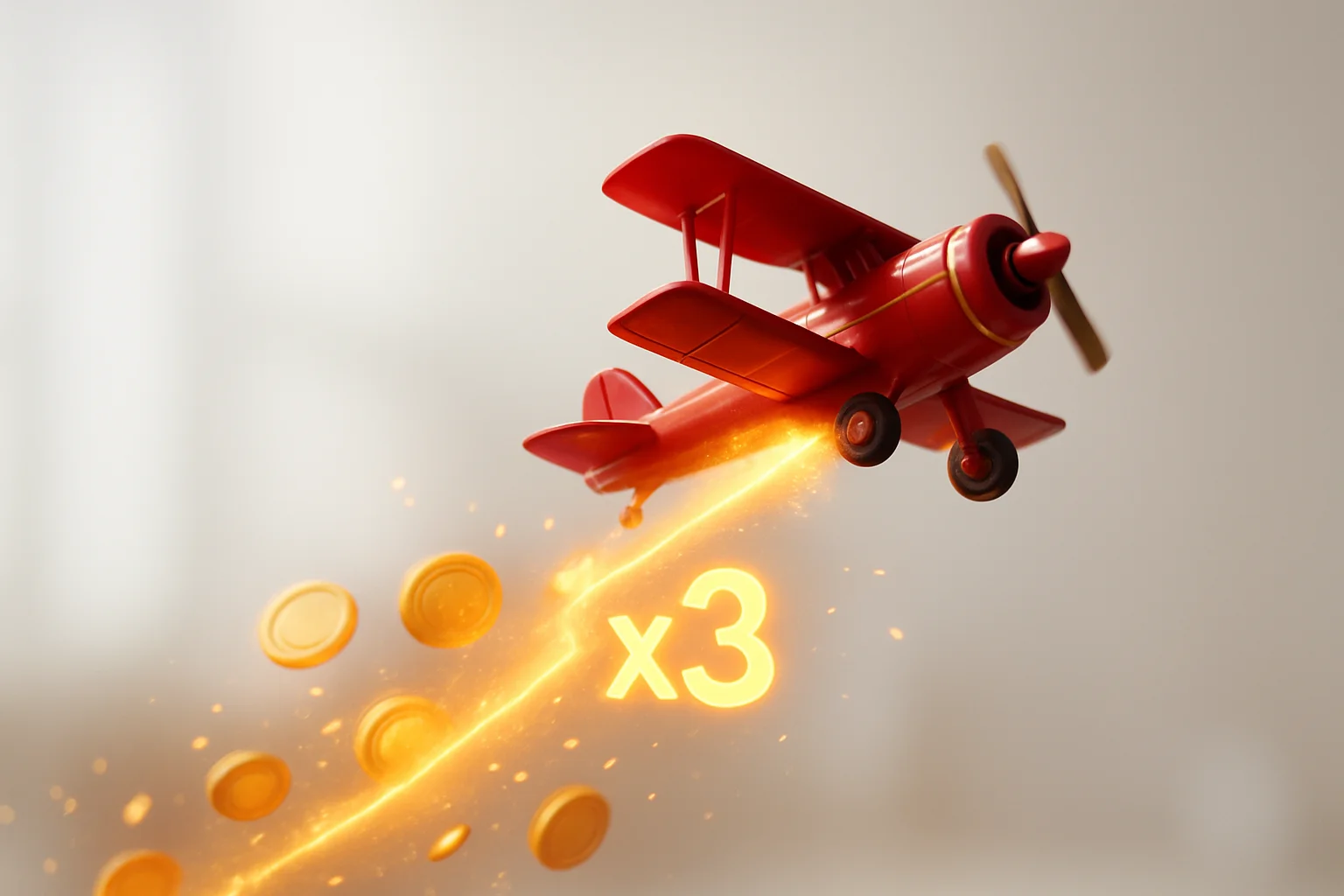 Red airplane climbing with glowing multiplier trail, coins, and sparks