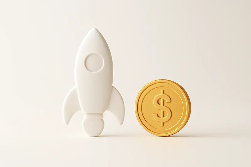 Minimalist rocket icon with gold coin on white background