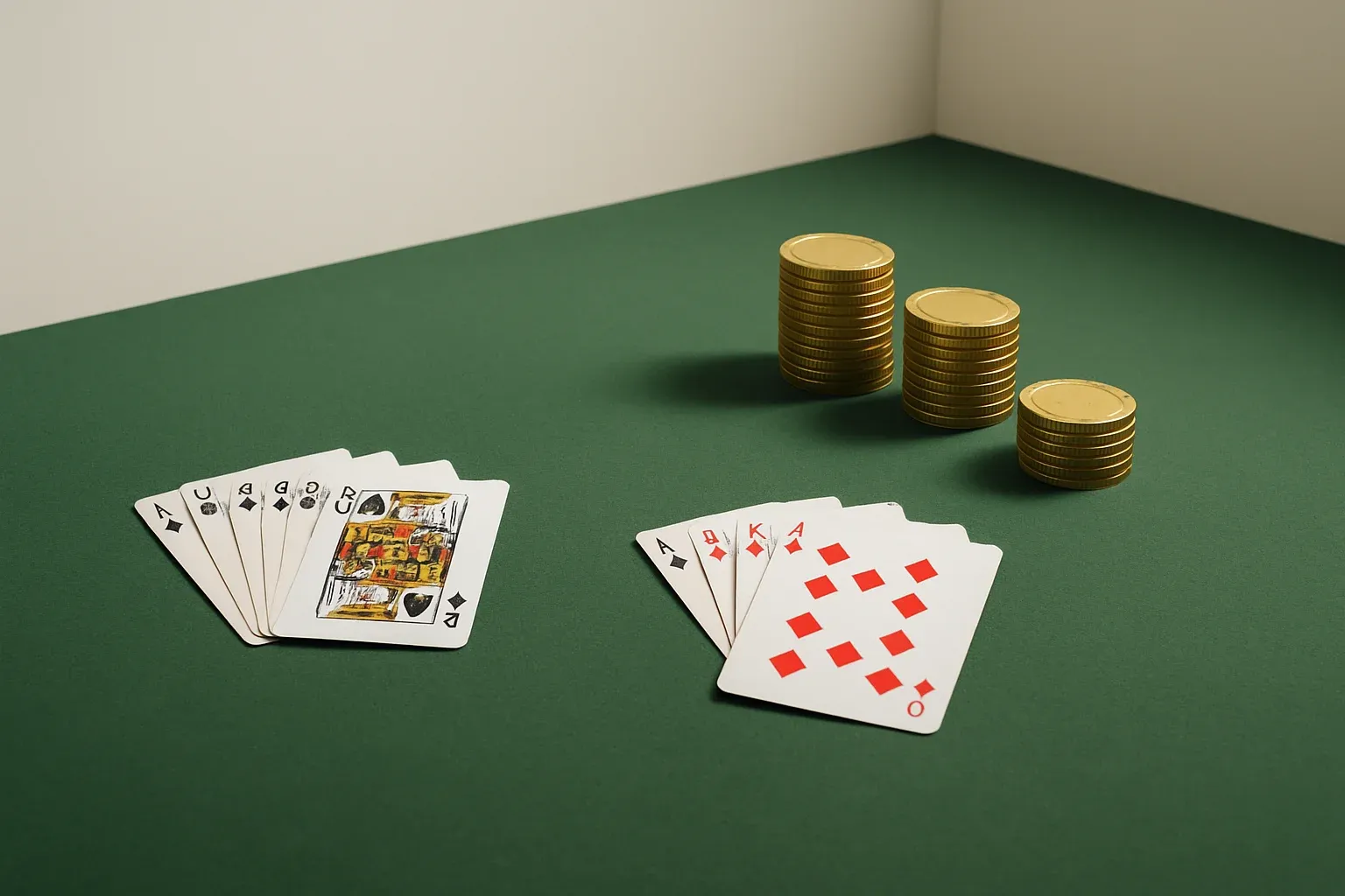 Green felt casino table with card hands and stacked gold chips