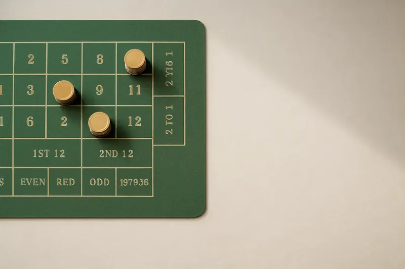 Top-down roulette table with green felt grid and gold chips