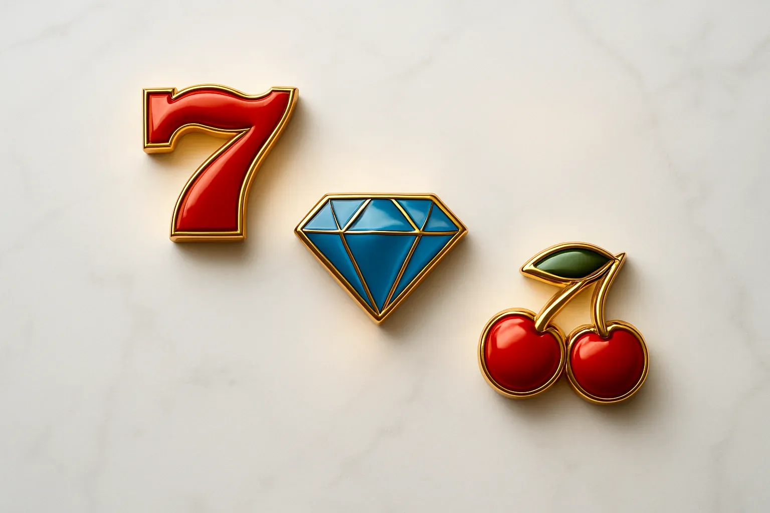 Three polished slot symbols on white marble with warm spotlights