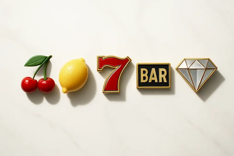 Five polished slot symbols in a neat row on white marble